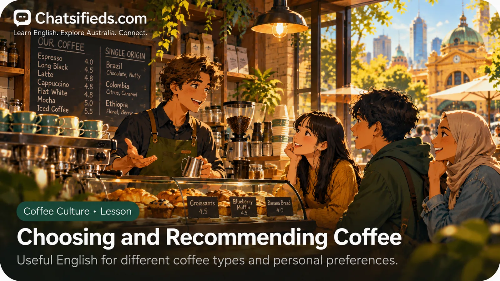 Melbourne barista explaining coffee choices and flavour preferences to customers at the counter.