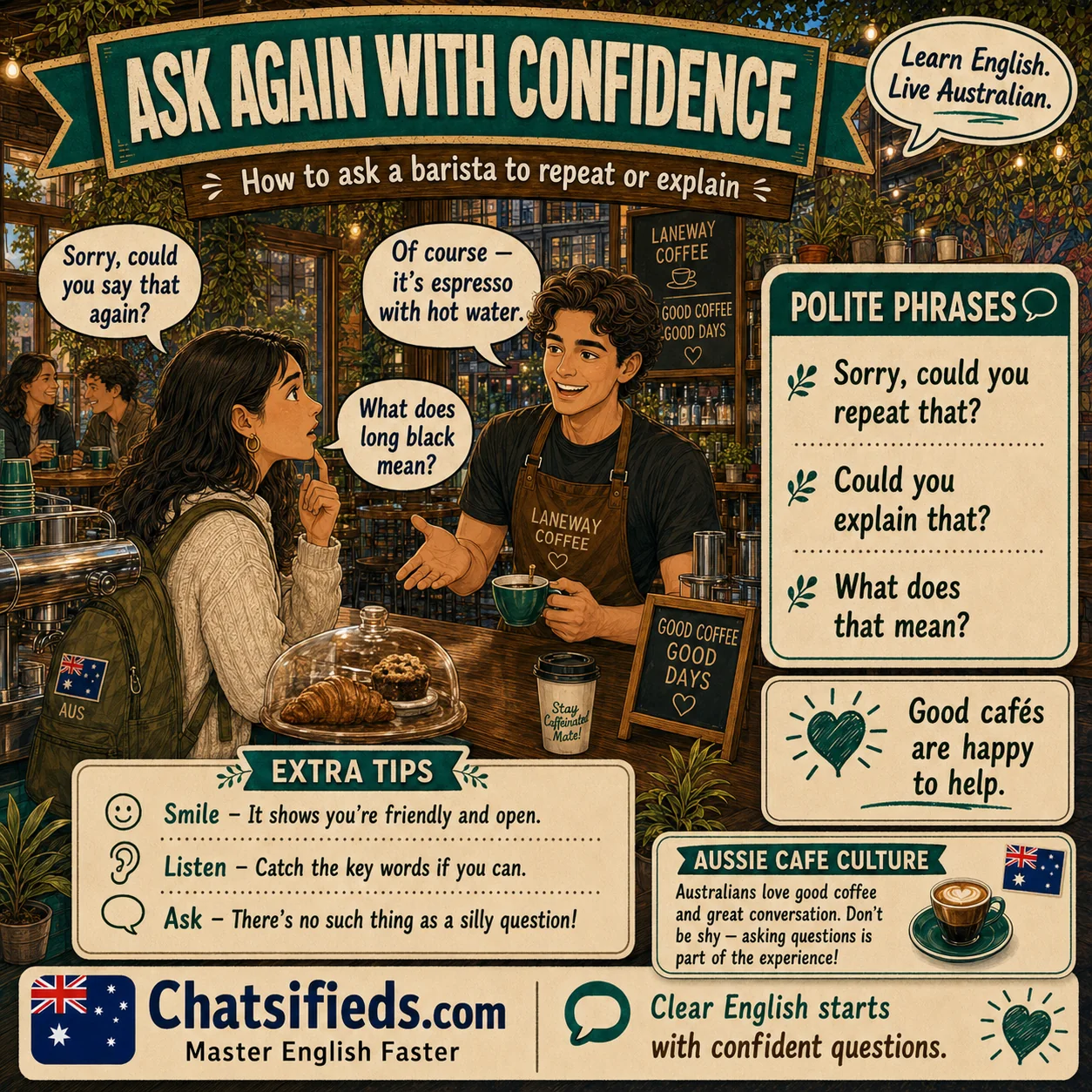 Chatsifieds illustrated Australian café English guide for English learners: How to Ask a Barista to Repeat or Explain.
