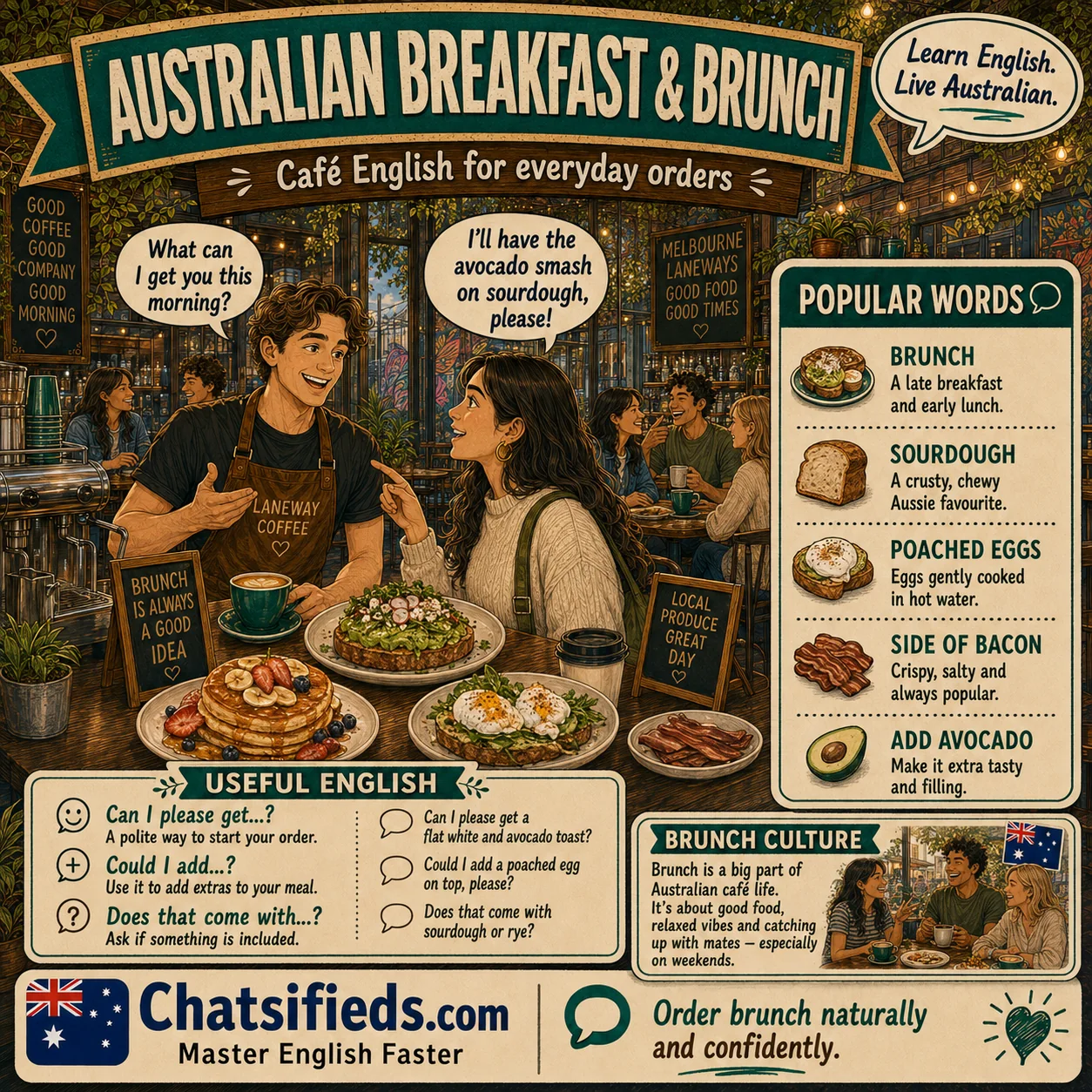 Chatsifieds illustrated Australian café English guide for English learners: Australian Breakfast and Brunch Cafe English.