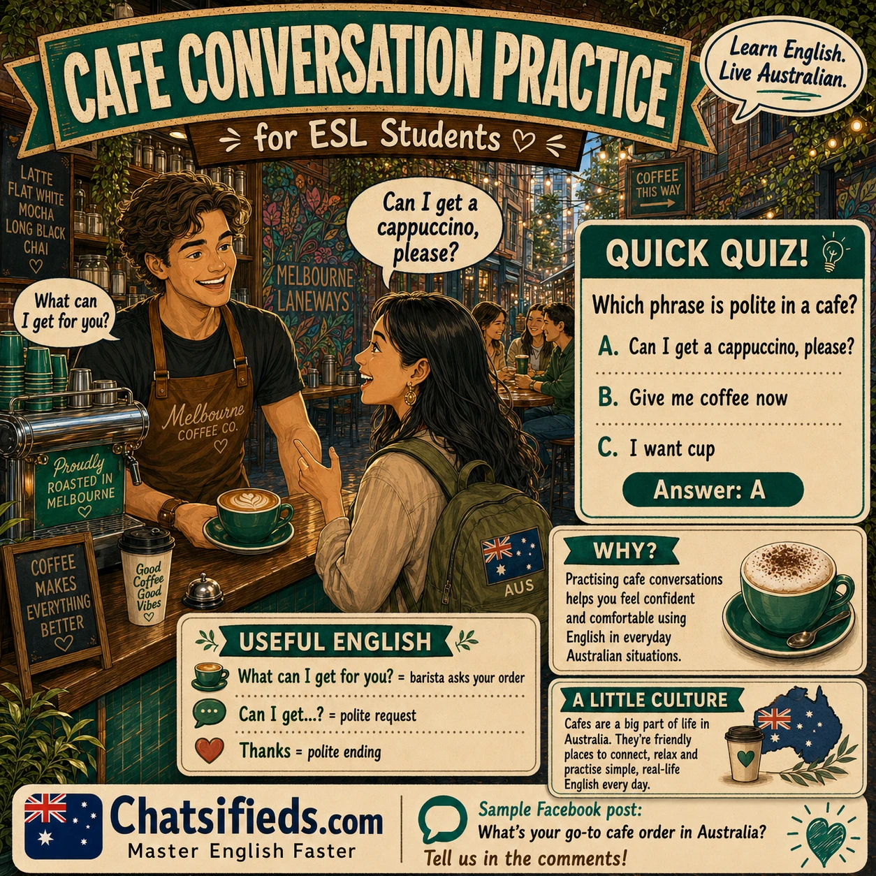 Australian Cafe Conversation Practice by Chatsifieds.com teaching ESL students polite coffee ordering phrases and real-life barista dialogue