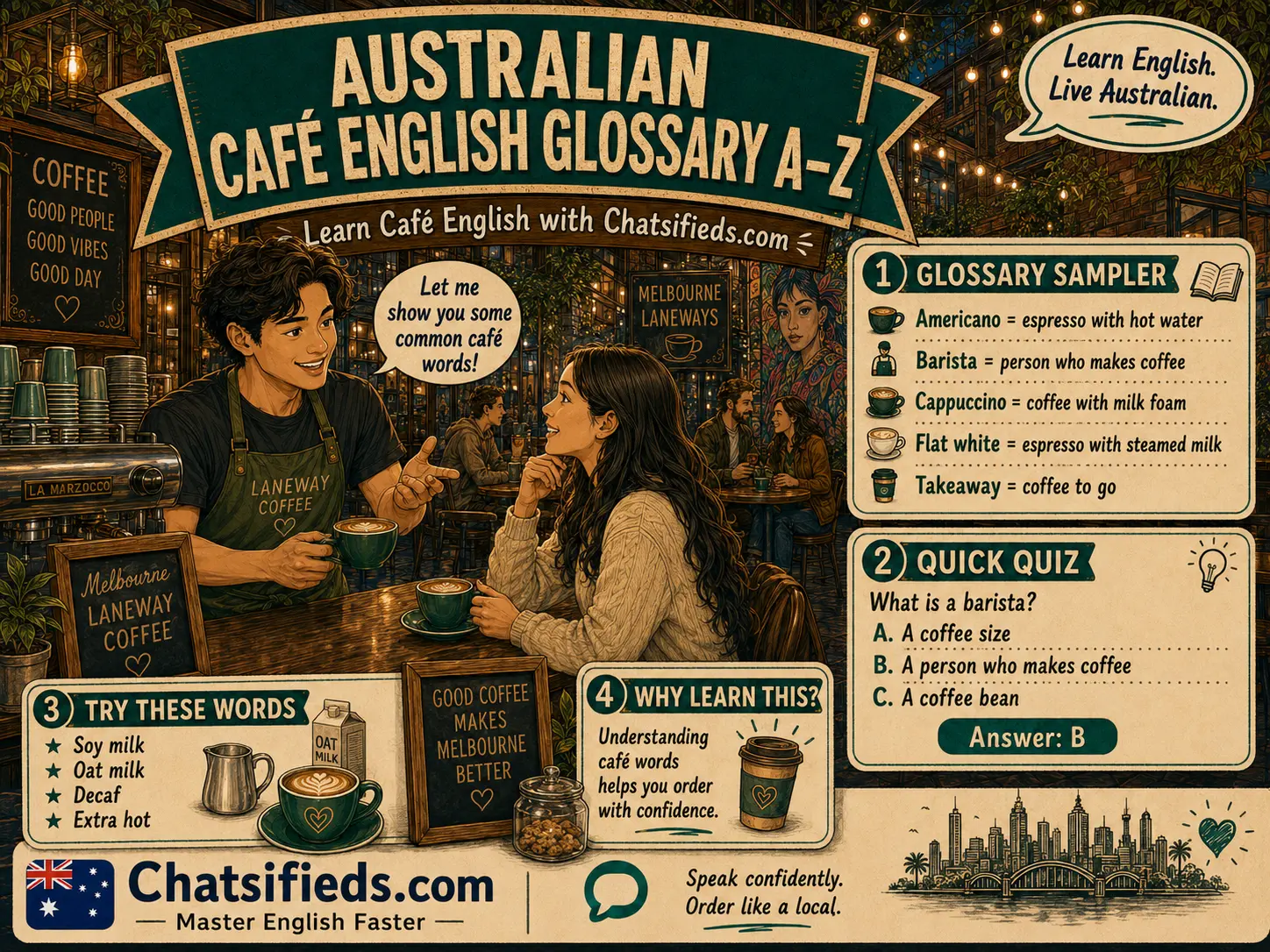 Chatsifieds.com Australian café English glossary A to Z for ESL learners, explaining common coffee words such as barista, cappuccino, flat white, takeaway, soy milk, oat milk and decaf.