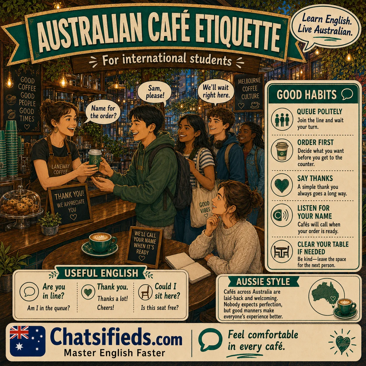 Chatsifieds illustrated Australian café English guide for English learners: Australian Cafe Etiquette for International Students.
