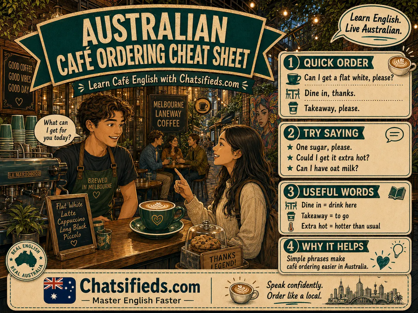 Chatsifieds.com Australian café ordering cheat sheet for ESL learners, showing common coffee phrases like flat white, dine in, takeaway, oat milk and extra hot in a Melbourne laneway café.