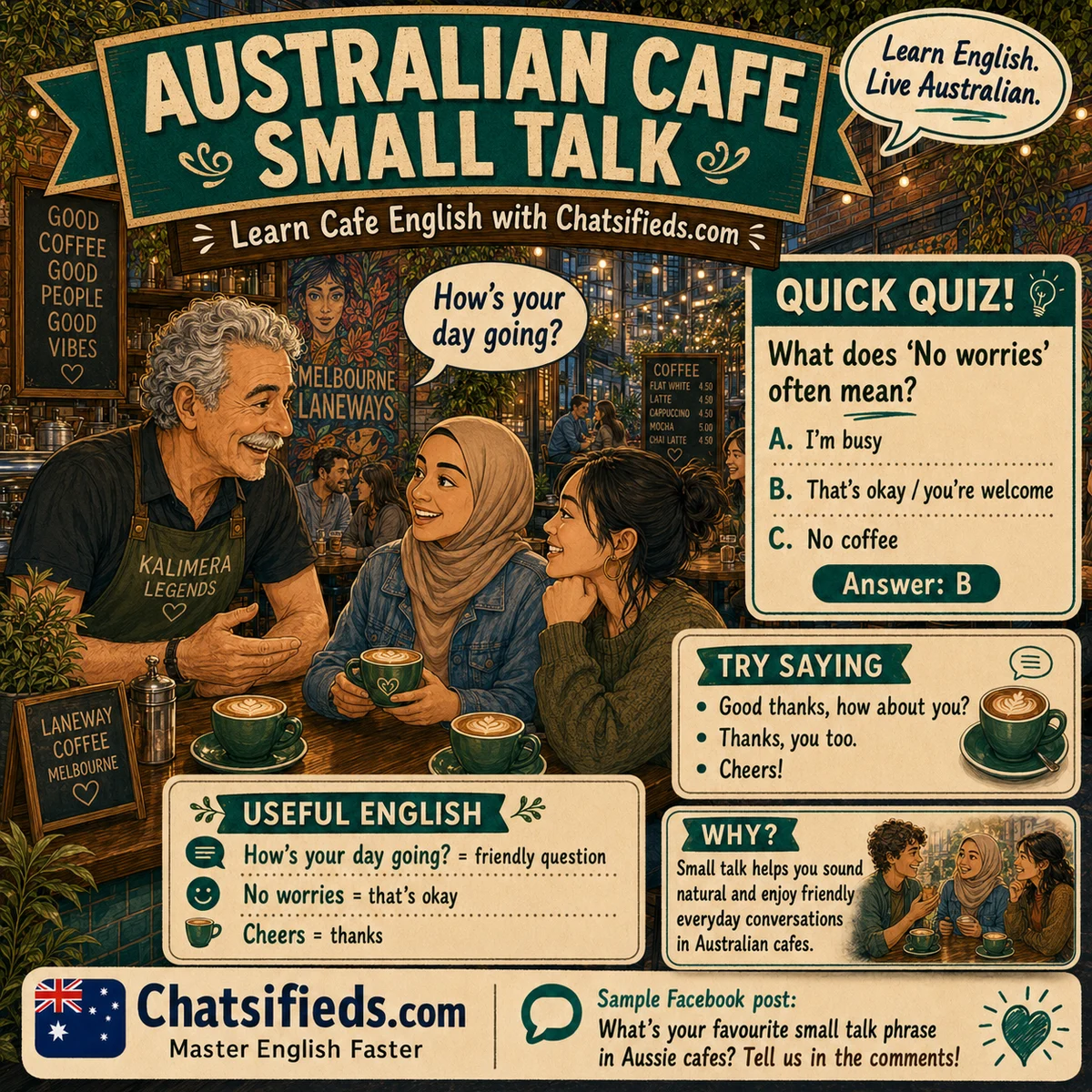 Chatsifieds.com Australian cafe small talk hero image teaching no worries cheers and friendly cafe conversation phrases for English learners