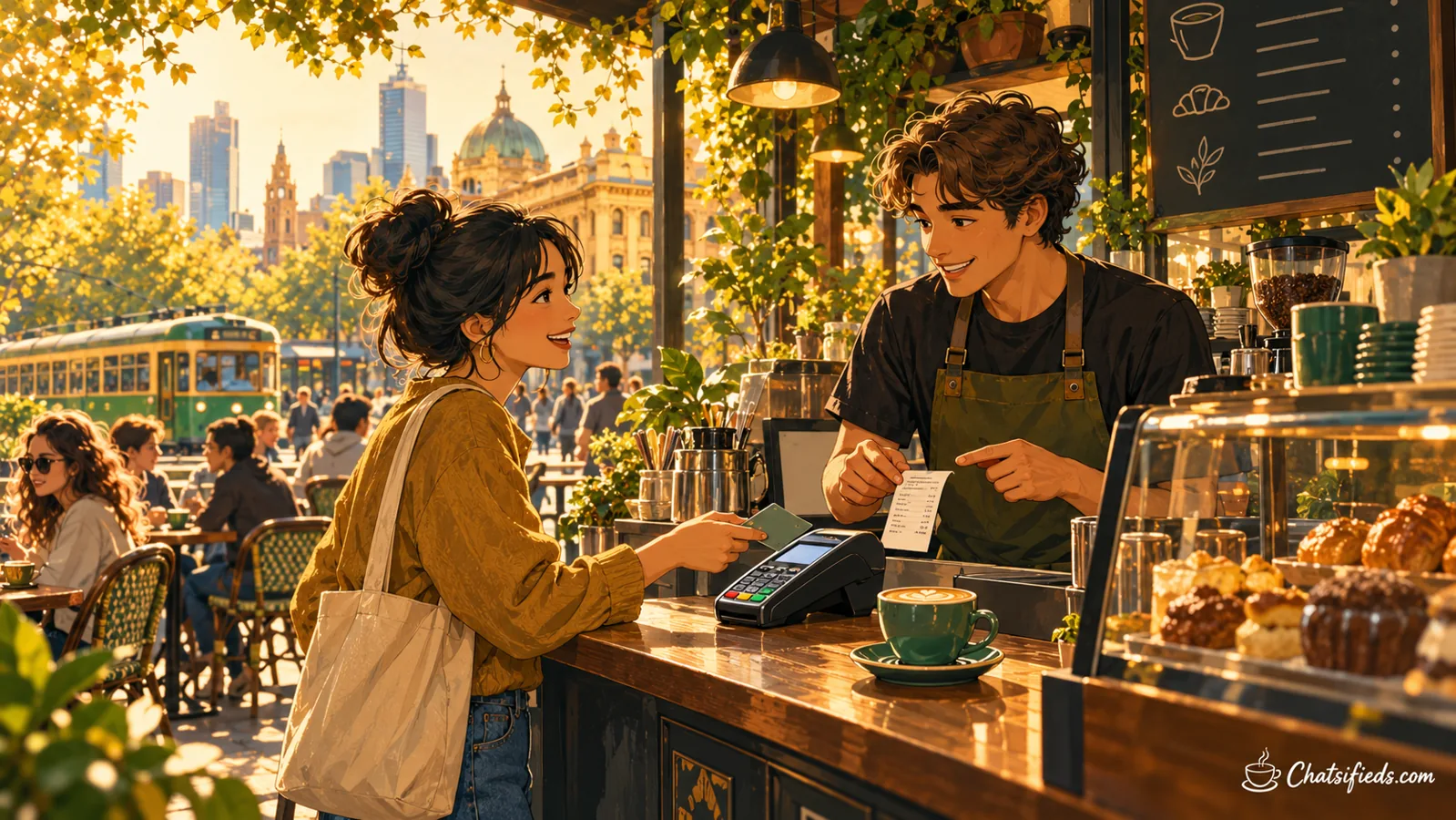 Customer paying by card at a Melbourne café while a barista explains the receipt and café charges.
