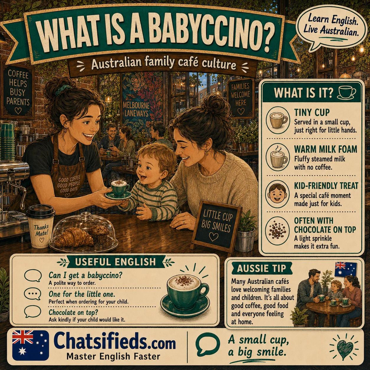 Chatsifieds illustrated Australian café English guide for English learners: What Is a Babyccino? Australian Family Cafe Culture.