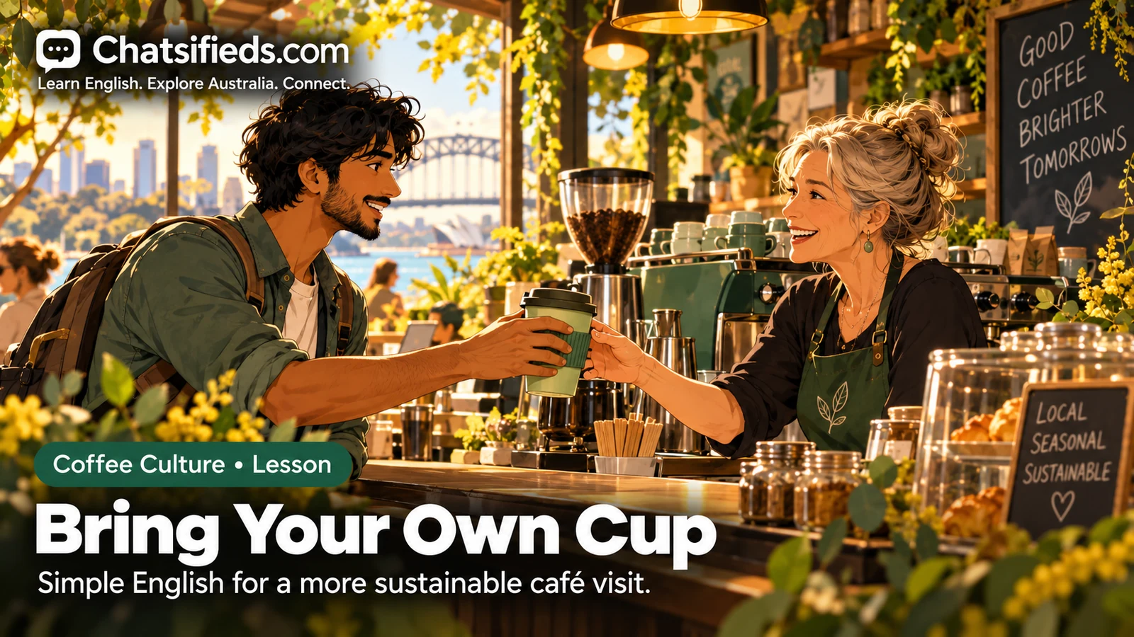 Chatsifieds illustration of a customer handing a reusable cup to a barista across a café counter.
