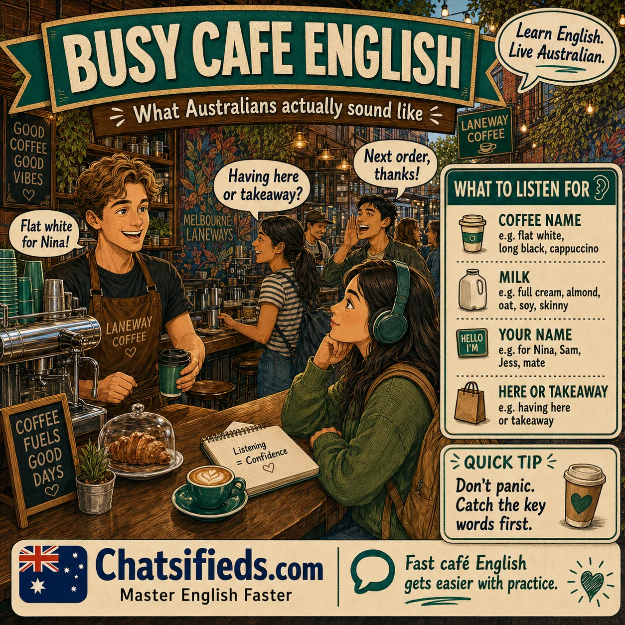 Chatsifieds illustrated Australian café English guide for English learners: Busy Cafe English: What Australians Actually Sound Like.