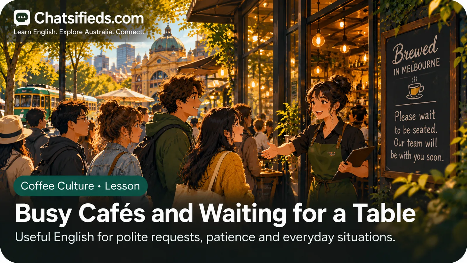 Customers waiting outside a busy Melbourne café while a staff member explains table availability.