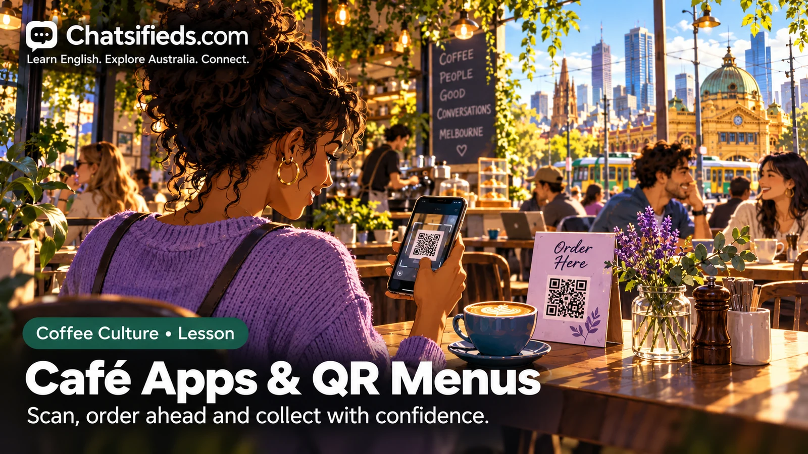 Chatsifieds illustration of a customer scanning a café QR menu with a phone beside a cup of coffee.