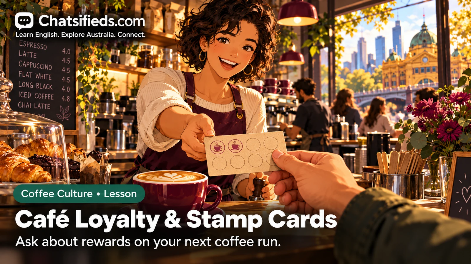 Chatsifieds illustration of a customer holding a paper coffee loyalty stamp card at a café counter.