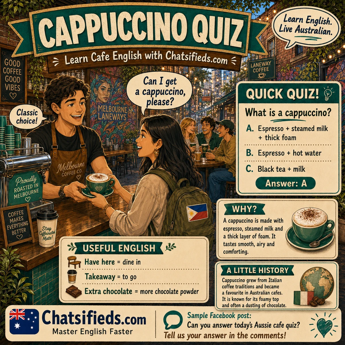 Cappuccino Quiz by Chatsifieds.com teaching Australian cafe English, coffee culture, and the phrase Could I get a cappuccino please