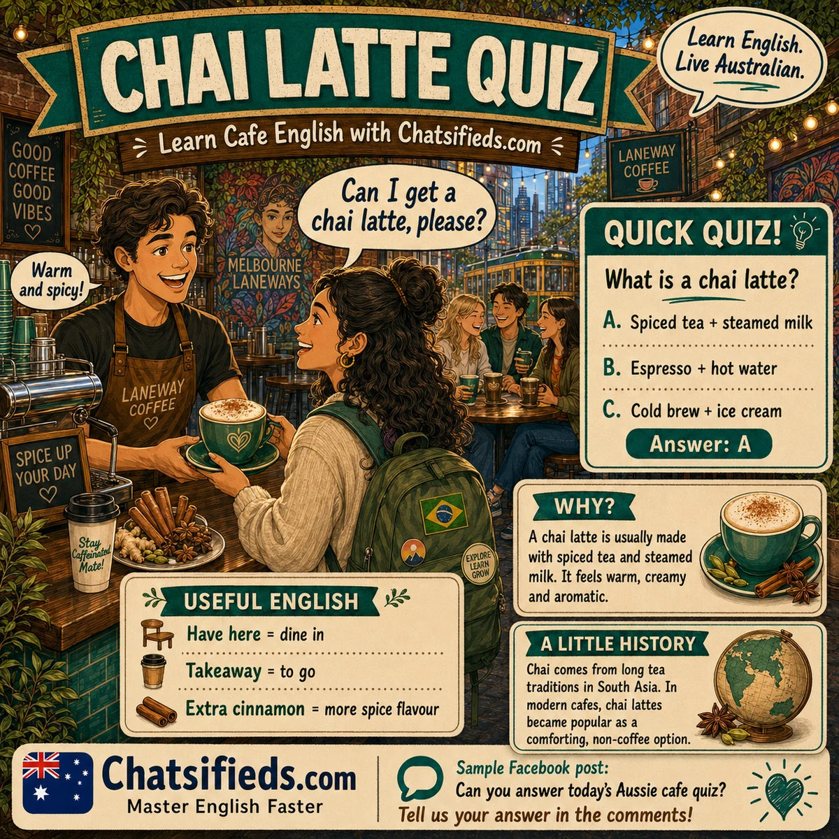 Chai latte quiz poster by Chatsifieds.com showing a Brazilian international student ordering a chai latte in a Melbourne cafe for Australian cafe English learning