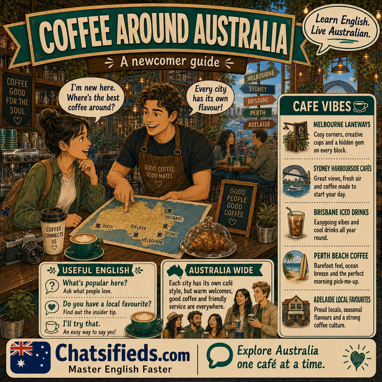 Newcomers learning Australian culture and everyday English.