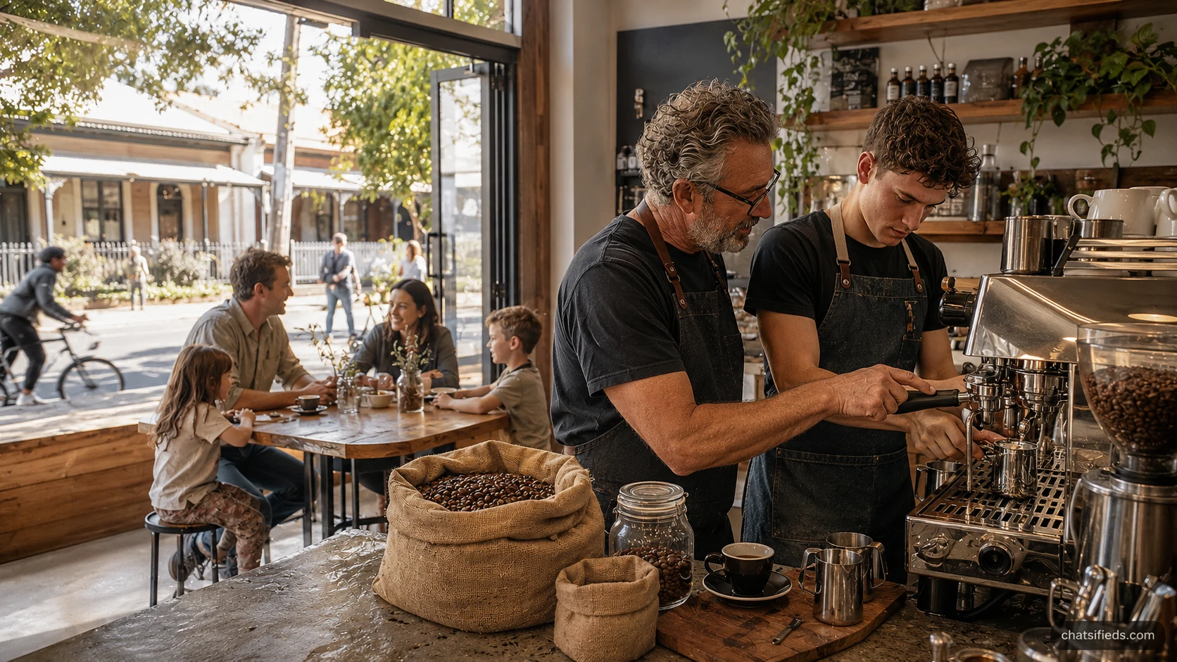 Warm illustrated Australian coffee scene for the ACOFFEE learning story in Collingwood, VIC
