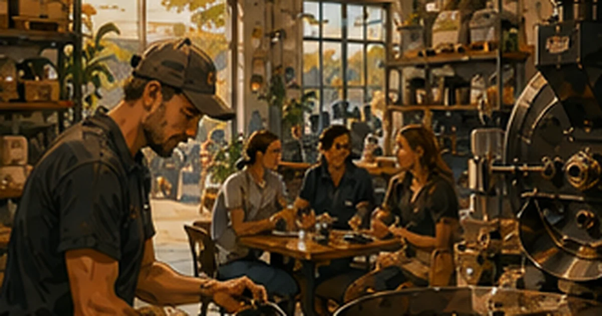 Warm illustrated Australian coffee scene for the Neighbourhood Coffee Roasters learning story in Albion, Brisbane, QLD