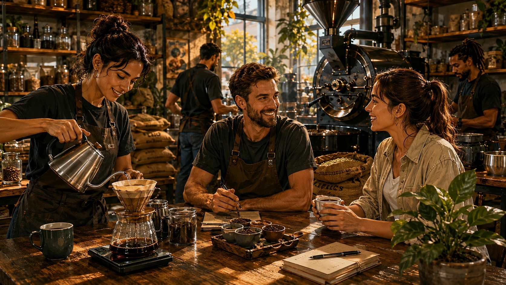 Original illustration of friendly café conversation in a generic Melbourne warehouse café