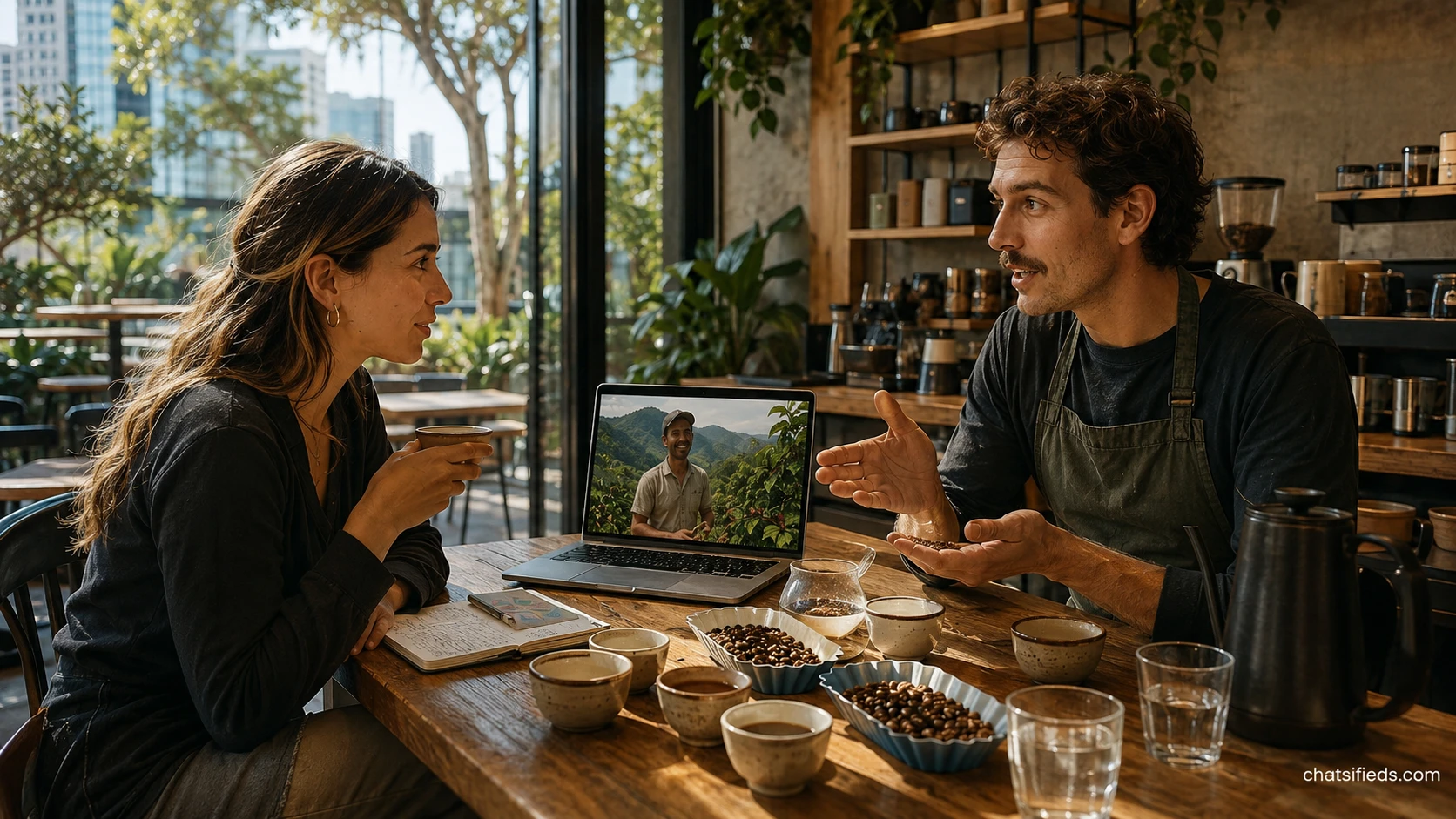 Original illustration of an Italian-Australian café family sharing espresso knowledge across generations