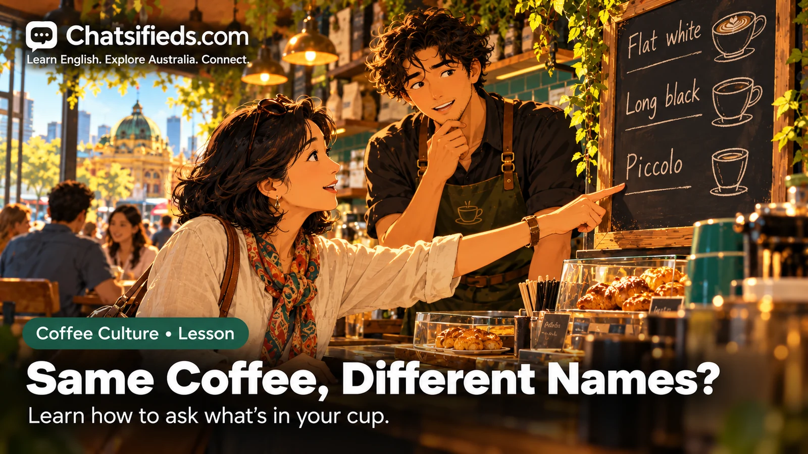Chatsifieds illustration of a customer pointing at a handwritten coffee menu and asking a barista a question.