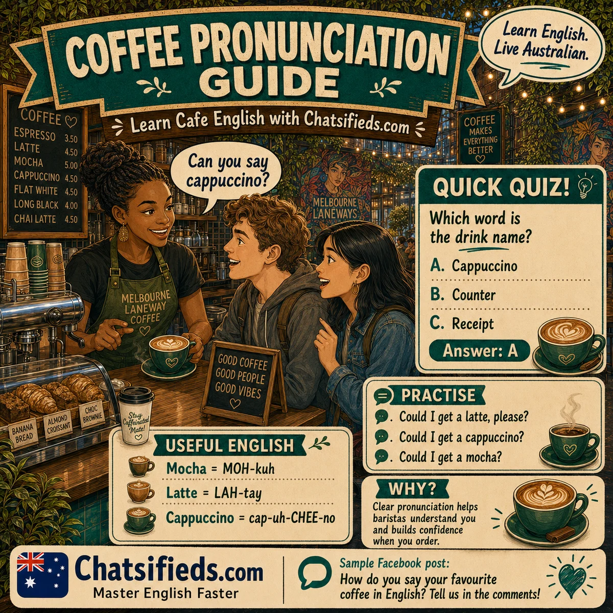 Chatsifieds.com coffee pronunciation guide hero image helping ESL learners practise mocha latte and cappuccino words in an Australian cafe