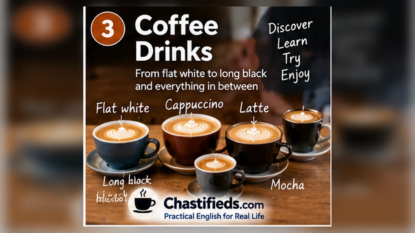 Australian coffee drinks including flat white latte cappuccino and long black for English learners by Chatsifieds.com