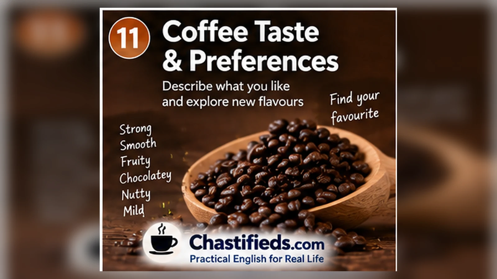 Coffee Taste & Preferences Coffee English collection by Chatsifieds.com Roasted coffee beans and flavour vocabulary for describing coffee preferences in English by Chatsifieds.com