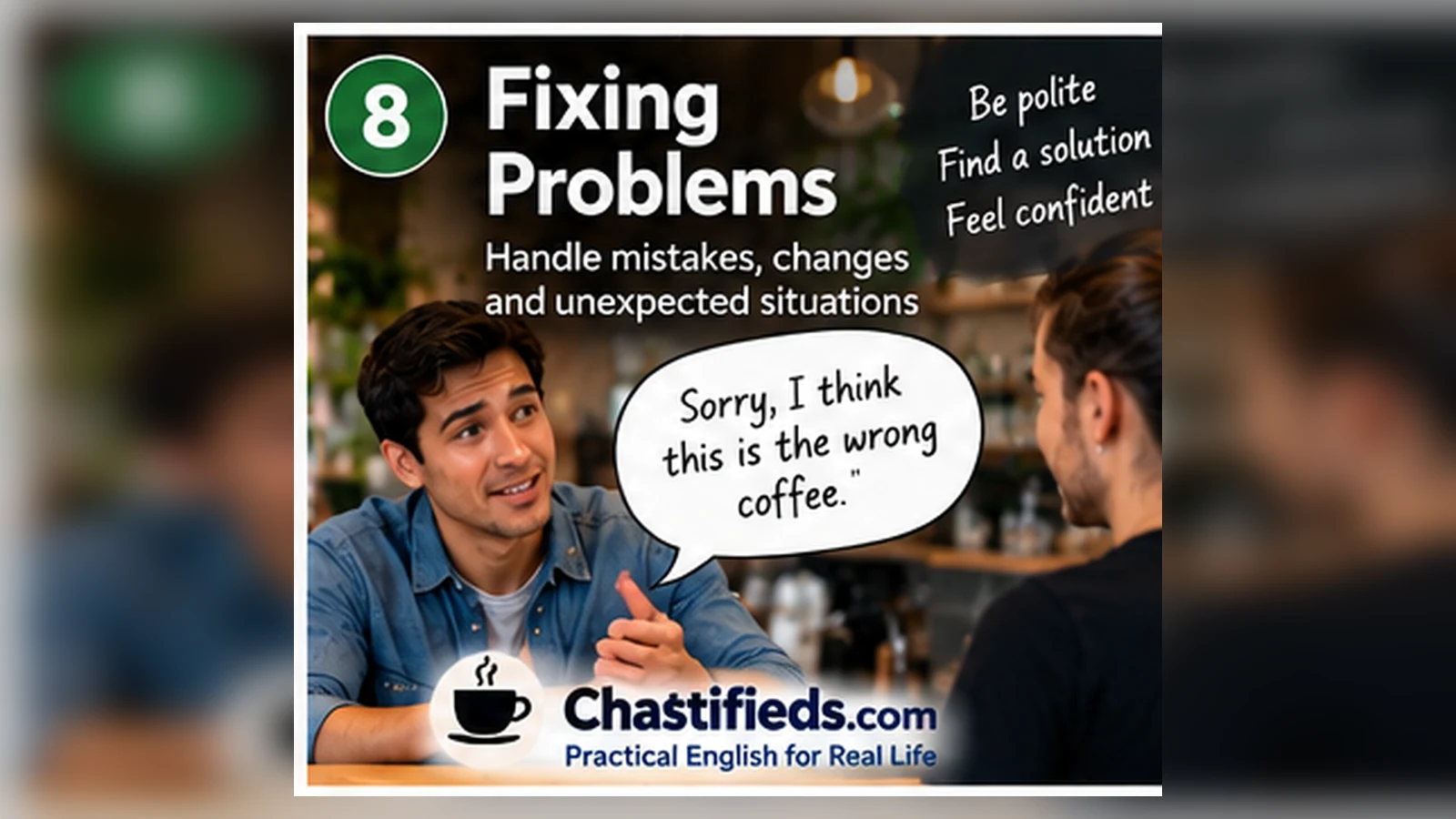 English learner politely fixing a wrong coffee order in an Australian café with Chatsifieds.com