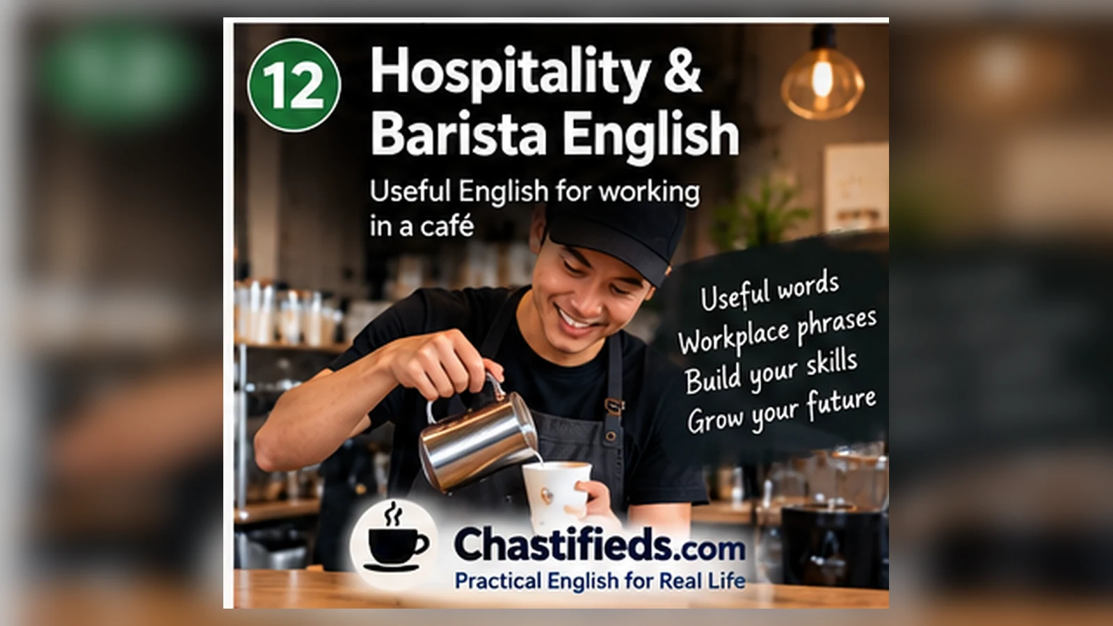 Hospitality & Barista English Coffee English collection by Chatsifieds.com Barista steaming milk while learning workplace and customer-service English with Chatsifieds.com