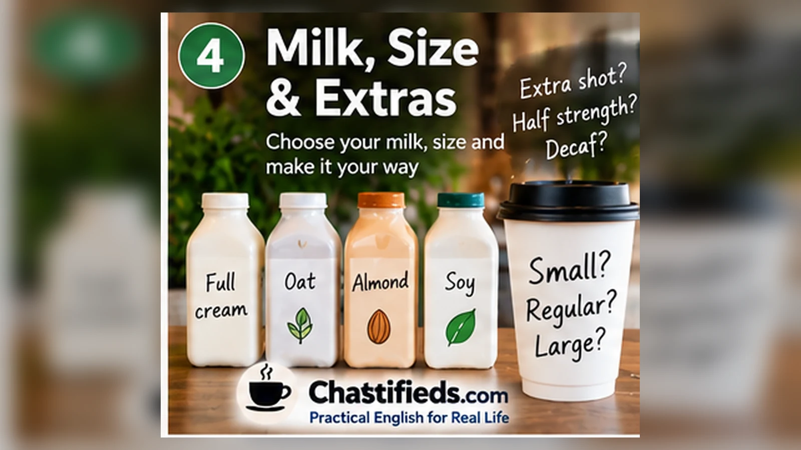 Milk choices coffee sizes and common café extras for Australian English learners by Chatsifieds.com