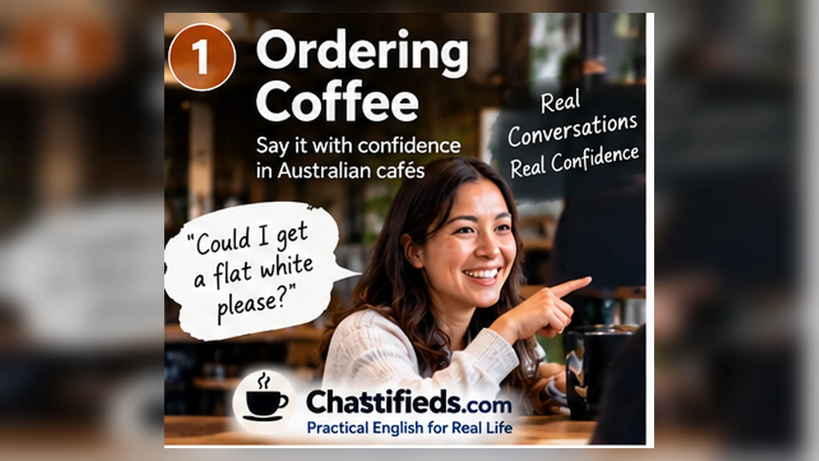 Ordering Coffee Coffee English collection by Chatsifieds.com Australian café customer ordering a coffee while practising simple English phrases with Chatsifieds.com