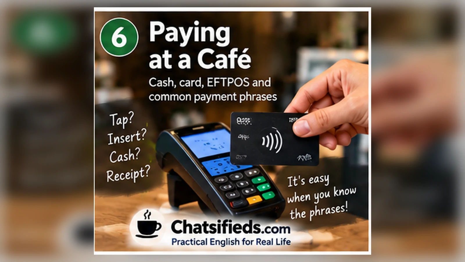 Paying at a Café Coffee English collection by Chatsifieds.com Customer paying at an Australian café by card while learning payment English with Chatsifieds.com