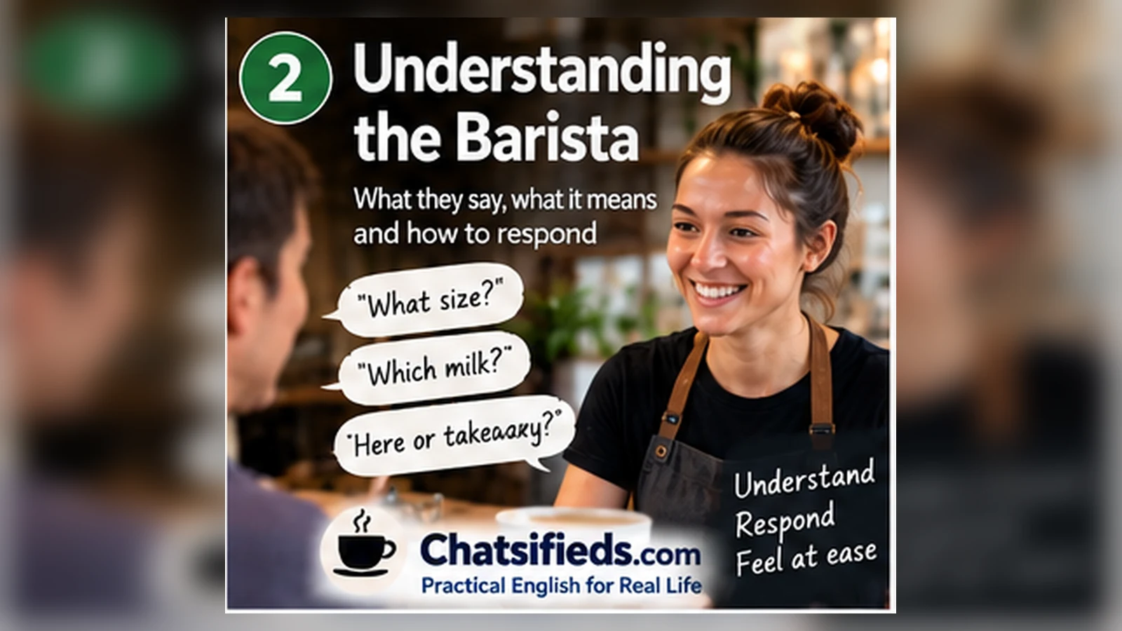 Australian barista speaking with an English learner practising common café questions with Chatsifieds.com
