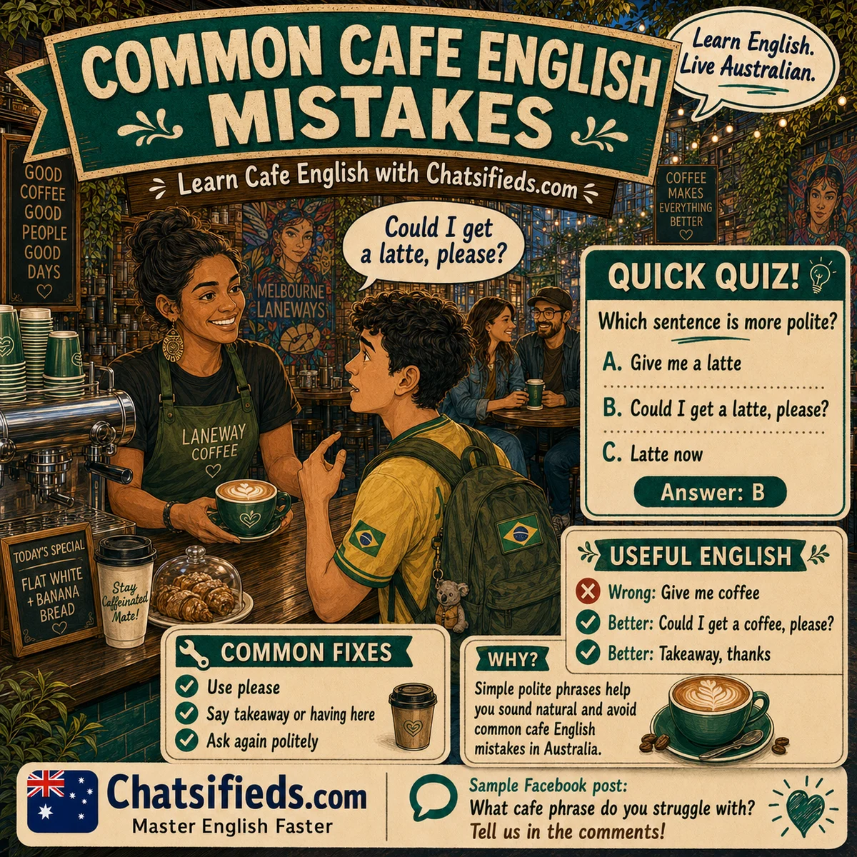 Chatsifieds.com common cafe English mistakes hero image showing polite Australian coffee ordering phrases for ESL learners