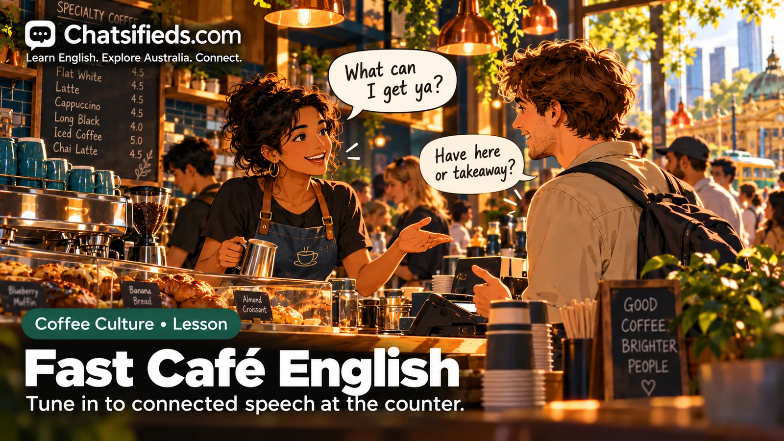 Chatsifieds illustration of a busy café conversation, with speech bubbles showing natural spoken English.