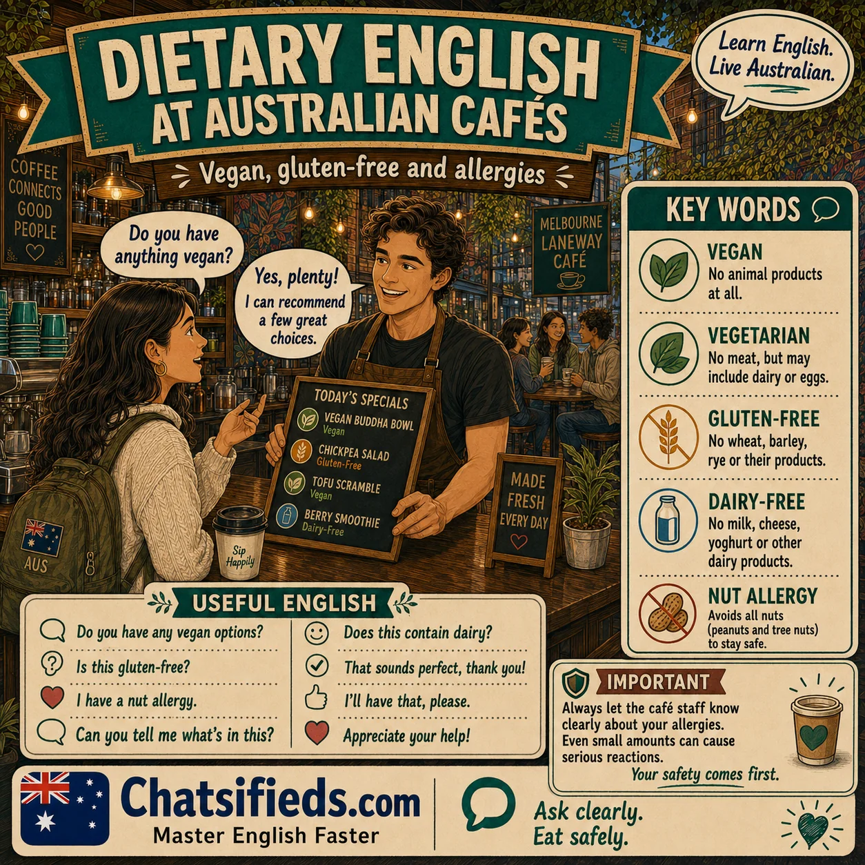 Chatsifieds illustrated Australian café English guide for English learners: Dietary English at Australian Cafes: Vegan, Gluten-Free and Allergies.