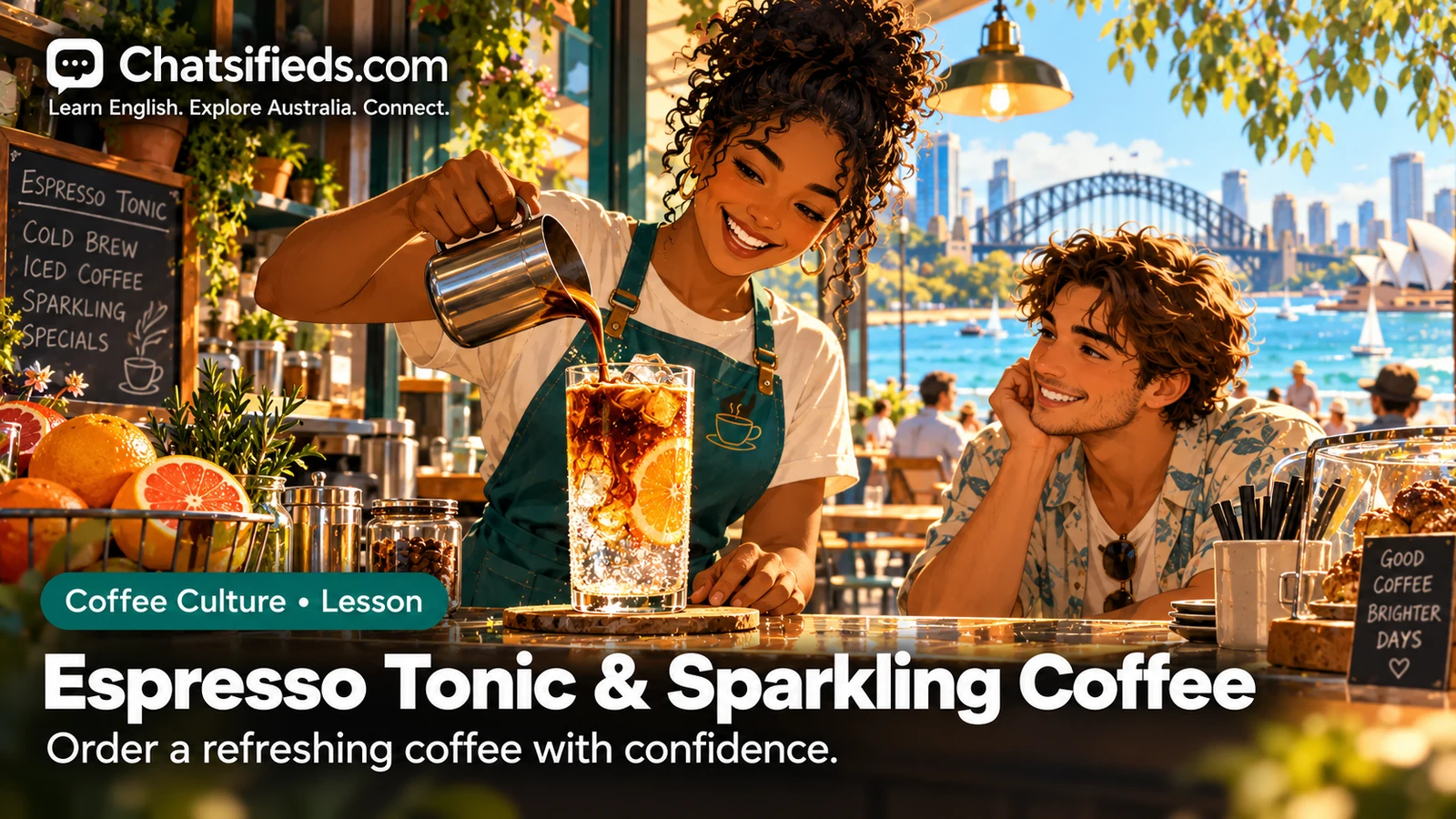 Chatsifieds illustration of a barista pouring espresso over ice, tonic water and citrus in an Australian café.