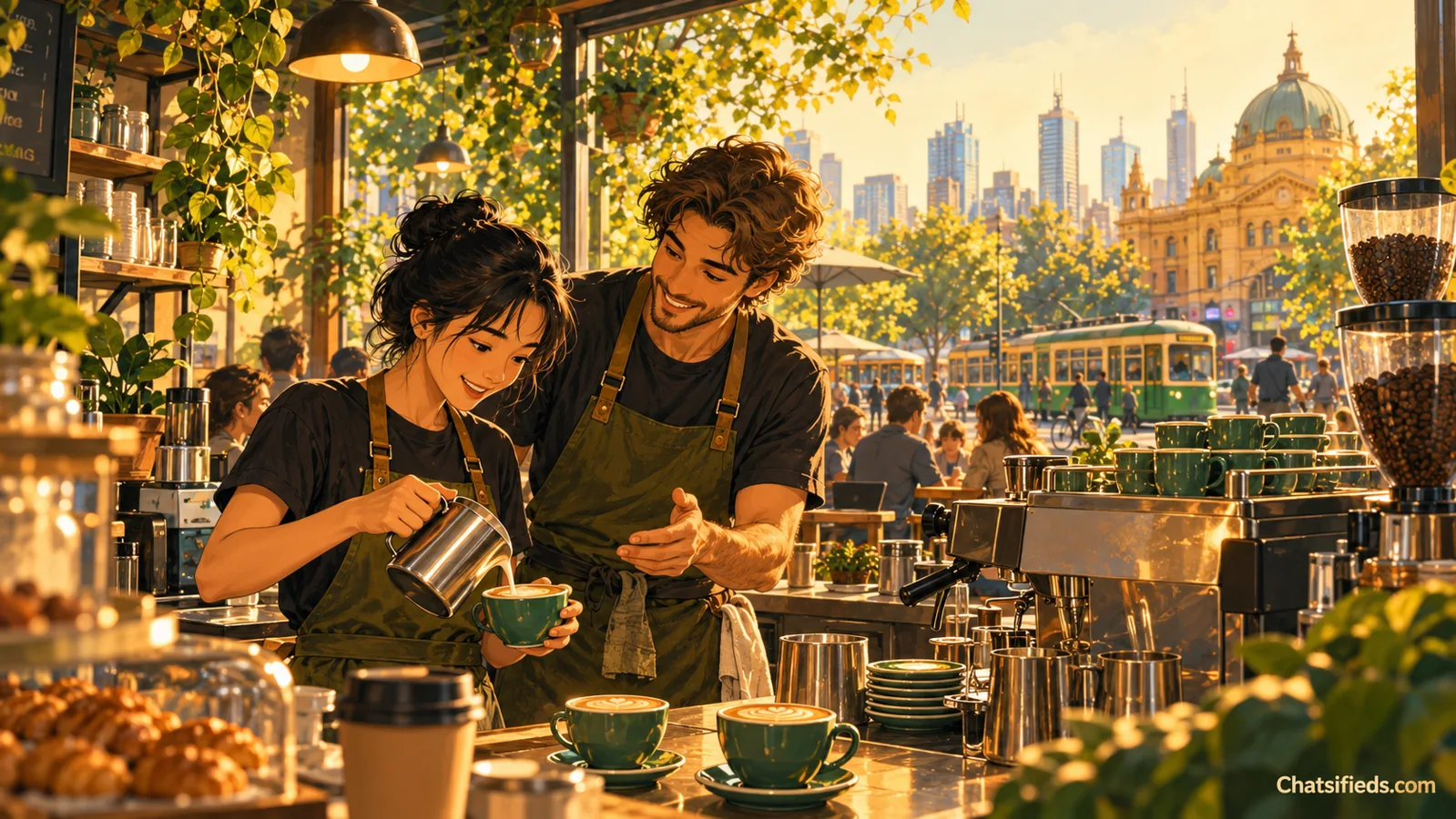 Experienced barista showing a new café worker how to prepare coffee during a training shift in Melbourne.