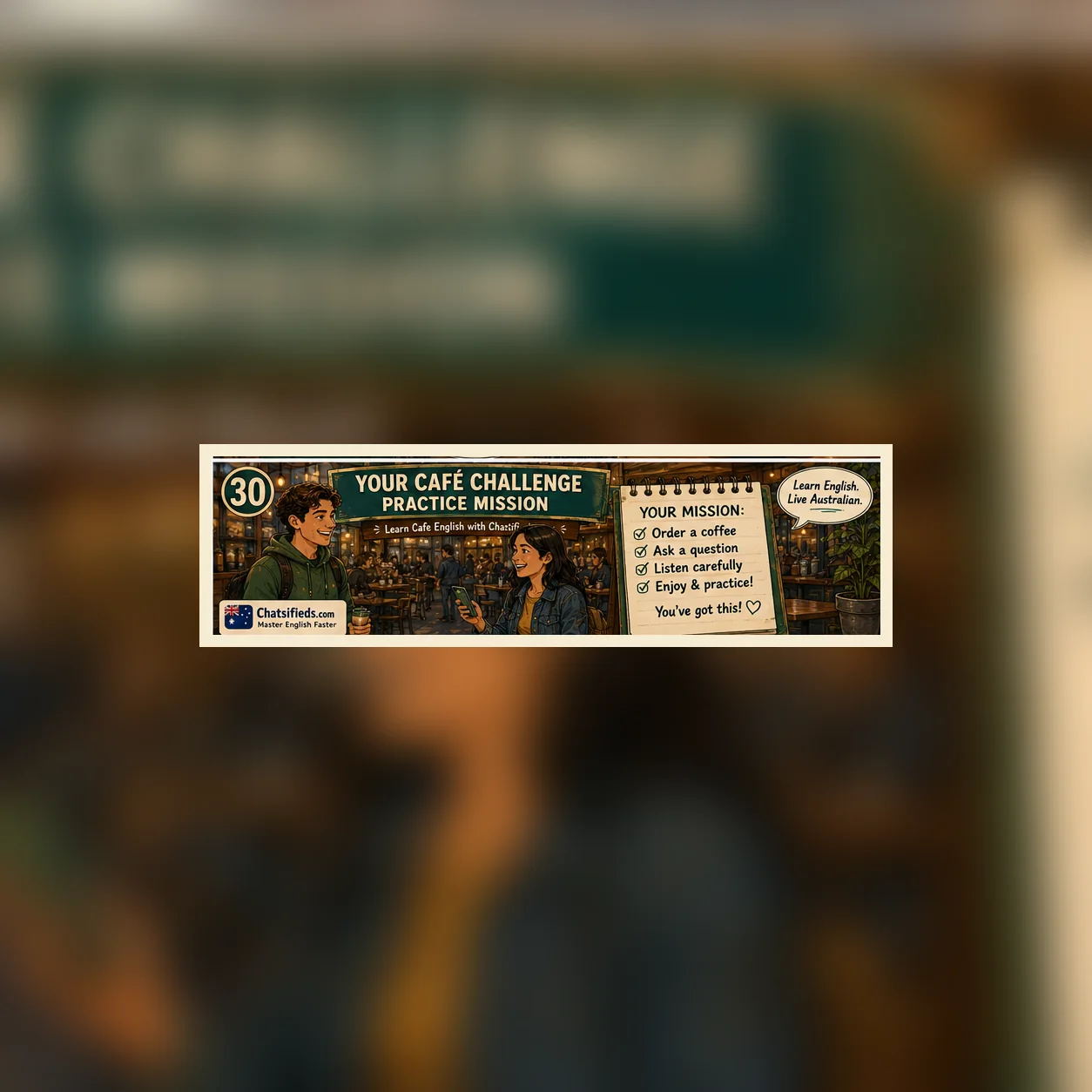 Chatsifieds illustrated Australian café English guide for English learners: Your First 5-Minute Australian Cafe English Mission.