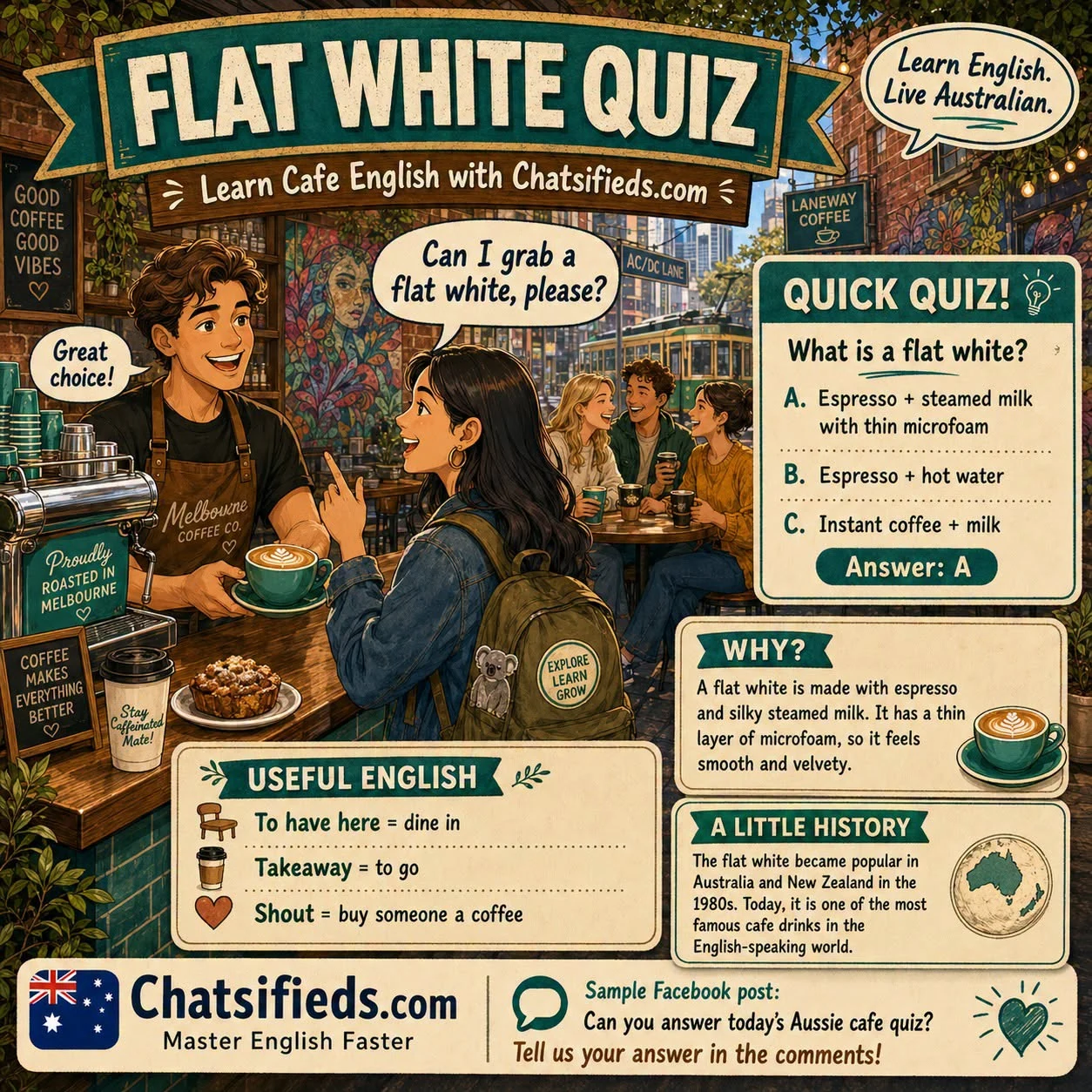 Flat White Quiz by Chatsifieds.com teaching Australian cafe English, coffee culture, and the phrase Can I grab a flat white, please