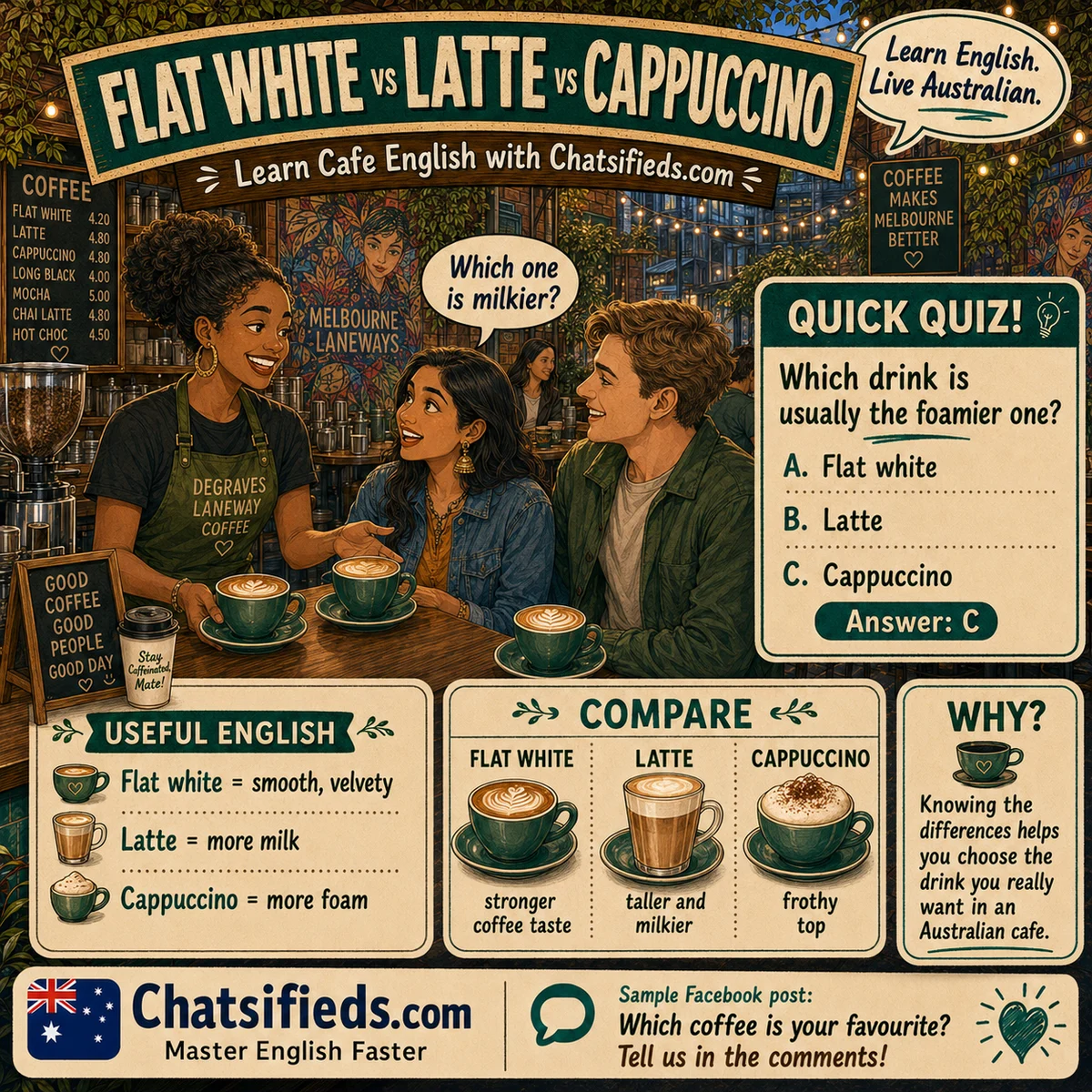Chatsifieds.com coffee comparison hero image explaining flat white latte and cappuccino differences for ESL learners in an Australian cafe