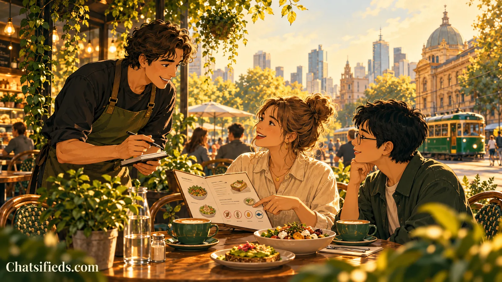 Café staff member discussing menu ingredients and food-allergy information with customers in Melbourne.
