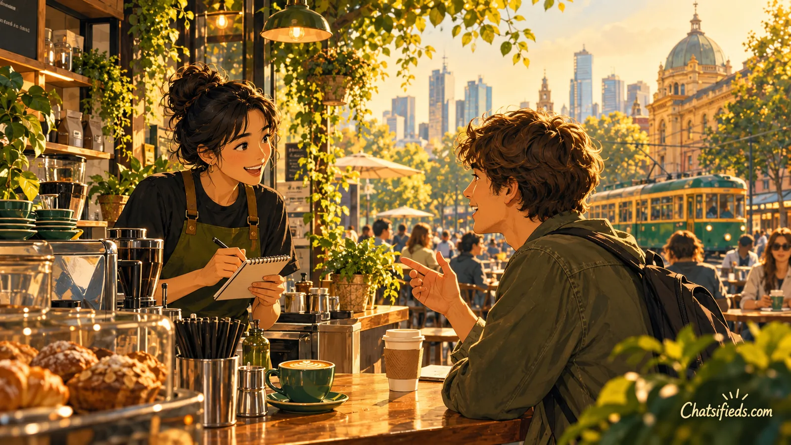 Café employee speaking politely with a customer to resolve a coffee order problem in Melbourne.