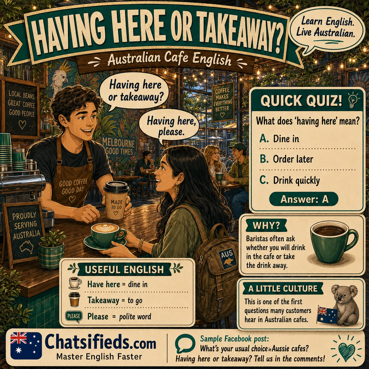 Having Here or Takeaway Quiz by Chatsifieds.com explaining Australian cafe English, dine-in meaning, takeaway meaning, and polite ordering phrases