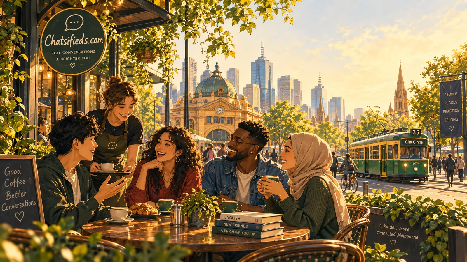 Australian coffee culture and everyday English in Melbourne | Chatsifieds.com Diverse English learners sharing coffee and conversation at a Melbourne café near Flinders Street, illustrating Australian coffee culture with Chatsifieds.com