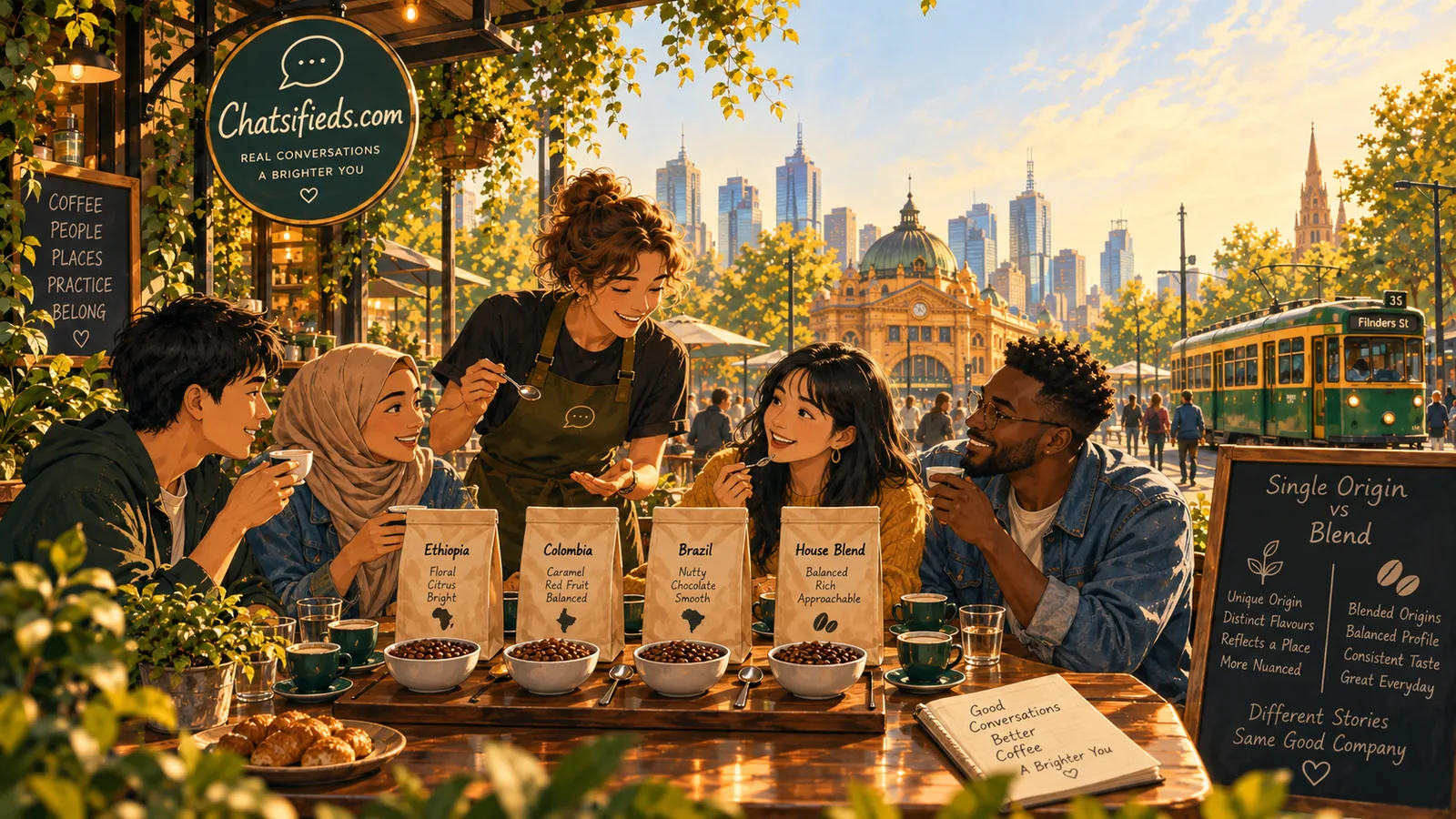 Single origin vs blend coffee English | Chatsifieds.com Single-origin coffees and a house blend compared at a Melbourne café while learners practise Australian coffee English with Chatsifieds.com