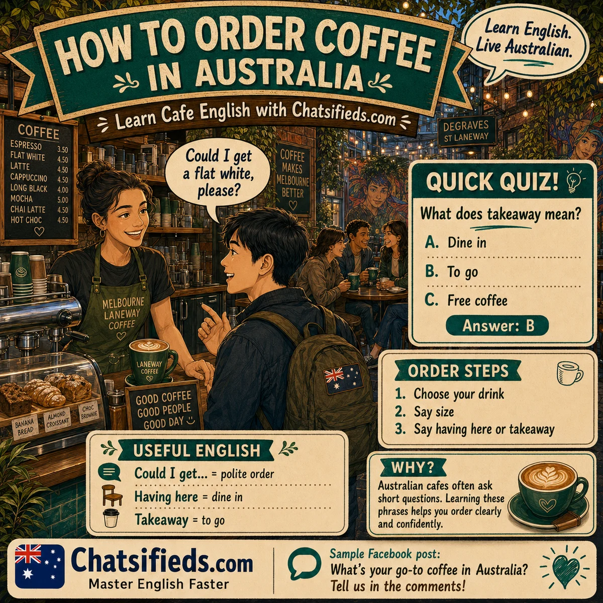 Chatsifieds.com Australian cafe English hero image showing an ESL learner ordering coffee in a Melbourne laneway cafe with useful phrases for takeaway and polite coffee orders
