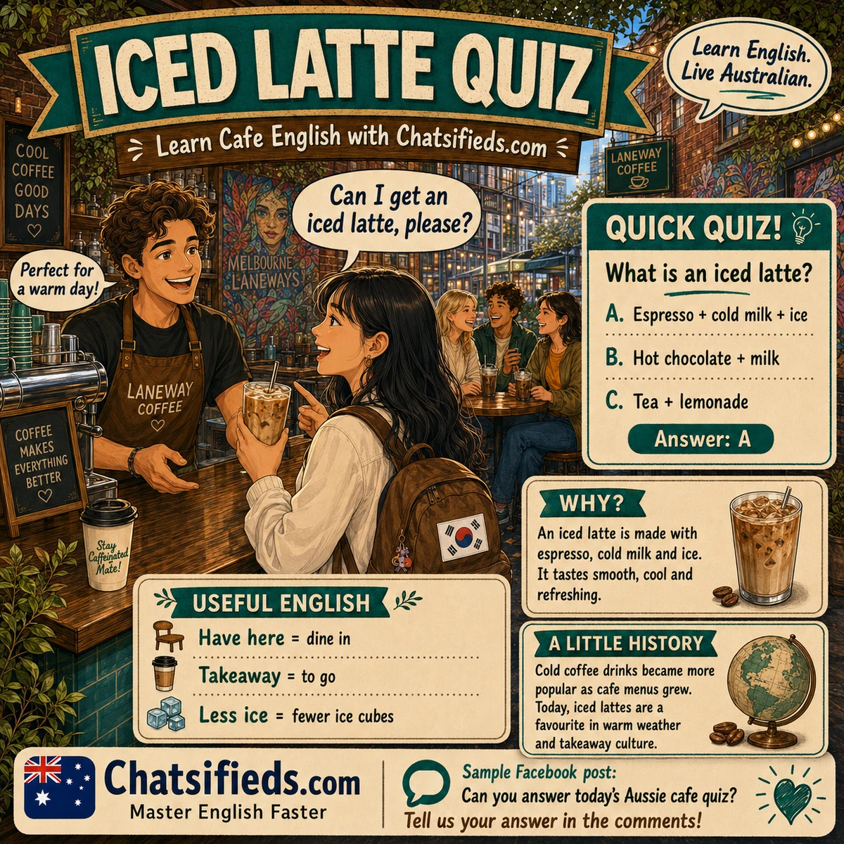 Iced latte quiz poster by Chatsifieds.com showing a South Korean international student ordering an iced latte in a Melbourne cafe for ESL cafe English practice