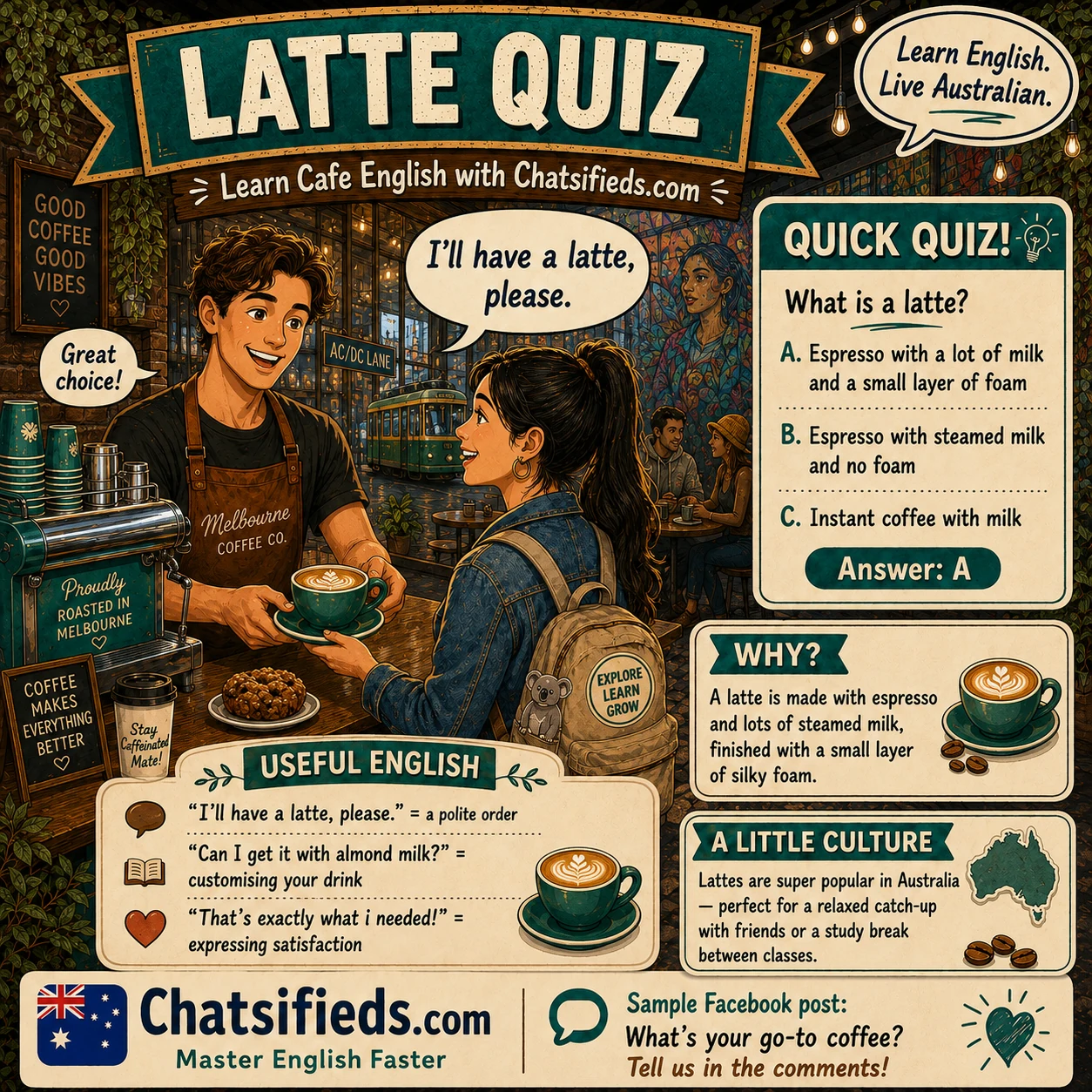 Latte Quiz by Chatsifieds.com teaching Australian cafe English, coffee culture, and the phrase Can I grab a latte please