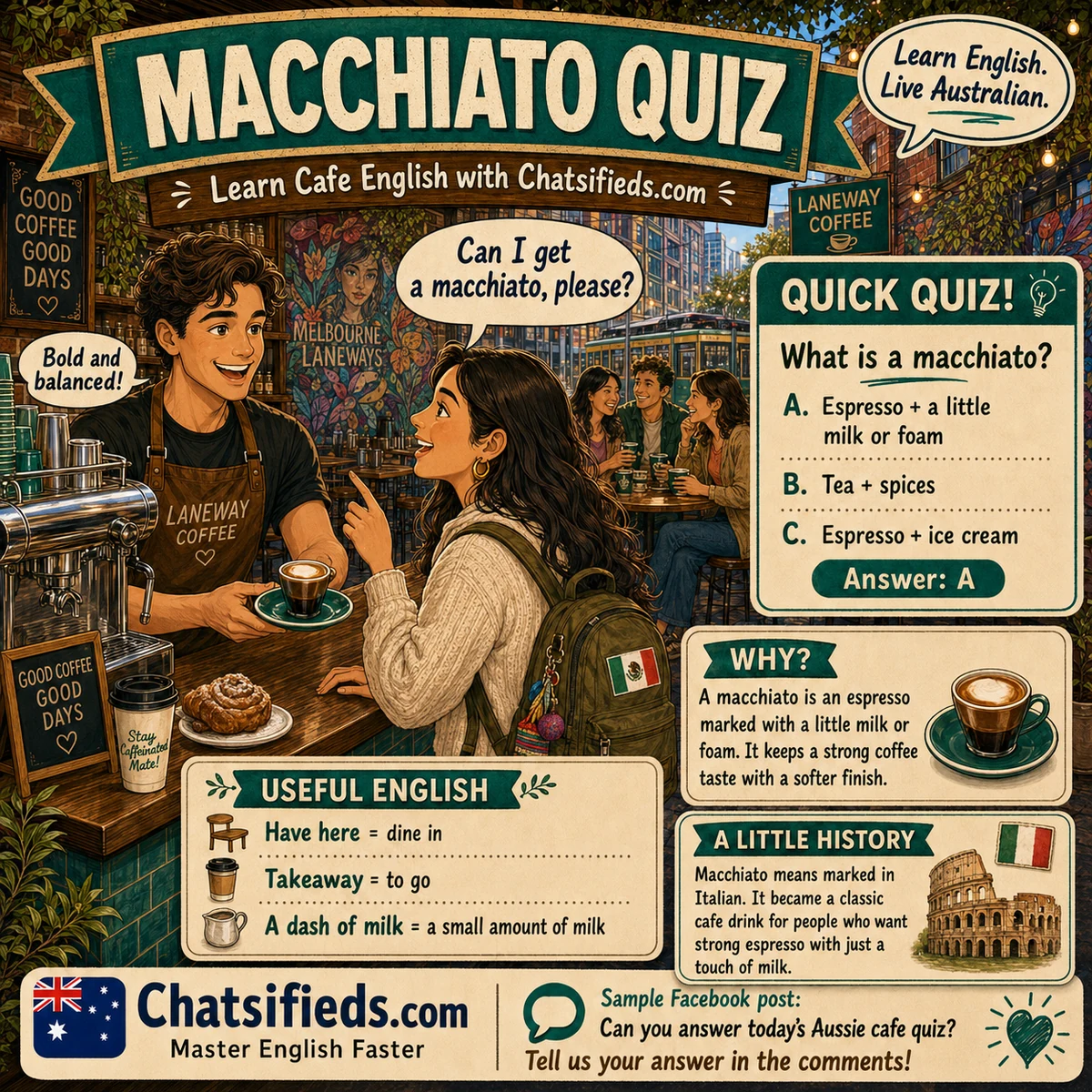 Macchiato Quiz Australian Cafe English by Chatsifieds.com Macchiato quiz poster by Chatsifieds.com showing a Mexican international student ordering a macchiato in a Melbourne cafe for Australian cafe English learning