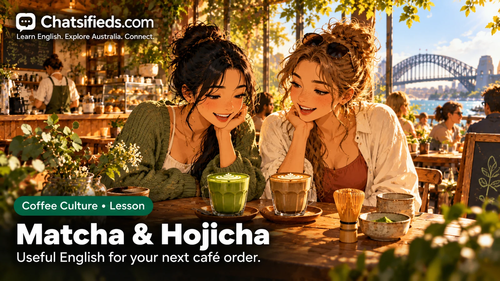 Chatsifieds illustration of green matcha and brown hojicha lattes beside a bamboo whisk on a café table.